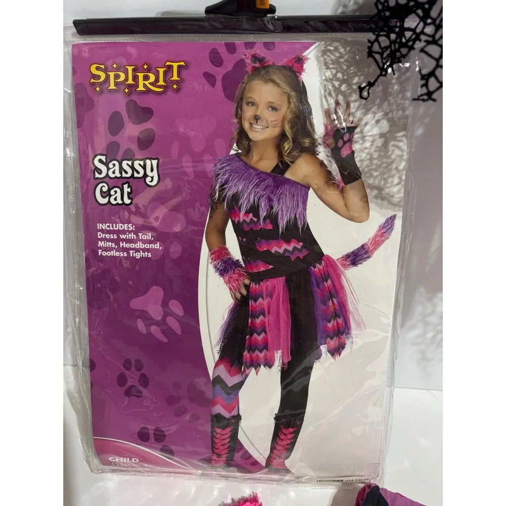 Spirit Sassy Cat Costume Kids Small 4-6 Pink Purple Excellent Chevron 4pc Set